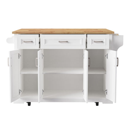 54 Inch Rolling Kitchen Island with Drop Leaf Drawers & Wheels White