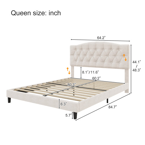 Upholstered Platform Bed with Saddle Curved Adjustable Headboard and Diamond Tufted Details,Wooden Slats and Metal Support, No Box Spring Needed,Queen, Beige