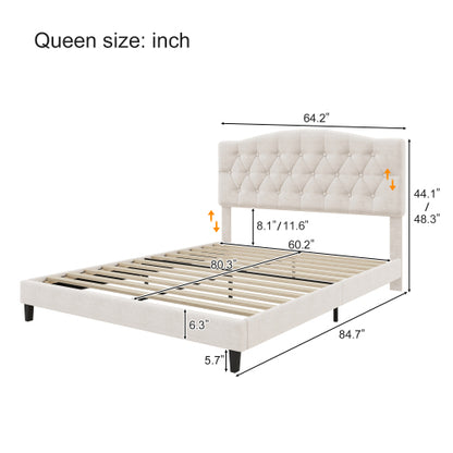 Upholstered Platform Bed with Saddle Curved Adjustable Headboard and Diamond Tufted Details,Wooden Slats and Metal Support, No Box Spring Needed,Queen, Beige