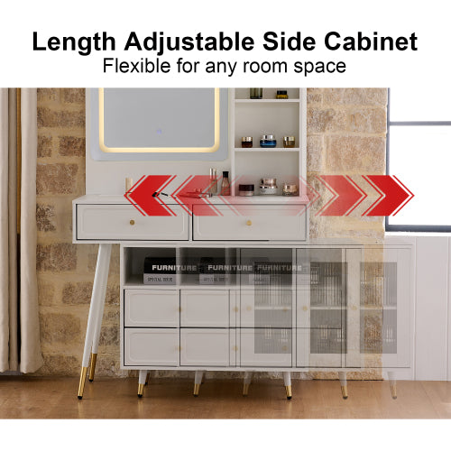 White Expandable Vanity Desk with LED Lighted Mirror, Adjustable Position Side Cabinet, Power Strip & Storage Drawers