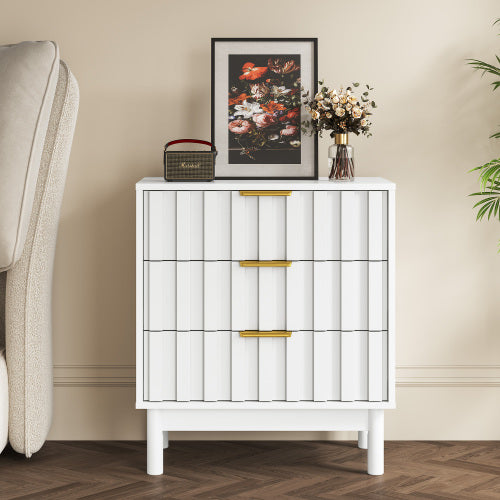 White 3-Drawer Fluted Dresser, P2 MDF, 23.6inch*14.2inch*26.8inchH