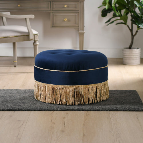 24 inch Round Upholstered Accent Ottoman, Navy Blue Velvet Ottoman with Gold Bullion Fringe Trim