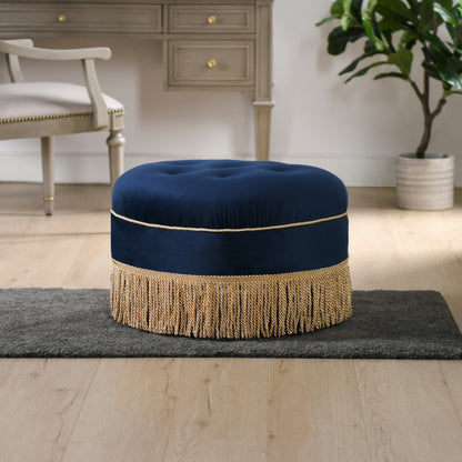 24 inch Round Upholstered Accent Ottoman, Navy Blue Velvet Ottoman with Gold Bullion Fringe Trim