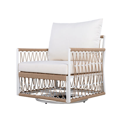 [Set of 2] 360° Swivel Bohemian Outdoor Lounge Chair with Handwoven Rope & Powder-Coated Steel Frame, Waterproof Cushions - Patio, Garden, Poolside