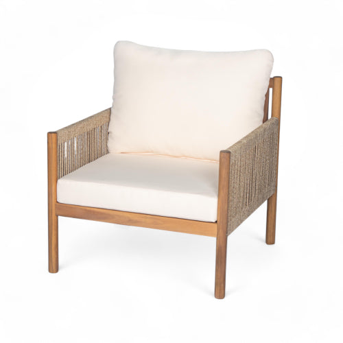 Modern Outdoor Woven Lounge Chair with Solid Wood Frame and Comfortable Polyester Cushions, Perfect for Patio, Garden, or Balcony
