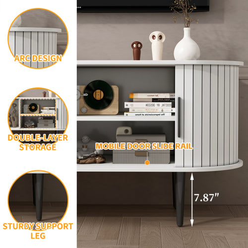 47 Inch White Mid-Century Media Console Fluted Sliding Door MDF TV Stand with Metal Support Legs