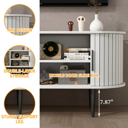 47 Inch White Mid-Century Media Console Fluted Sliding Door MDF TV Stand with Metal Support Legs