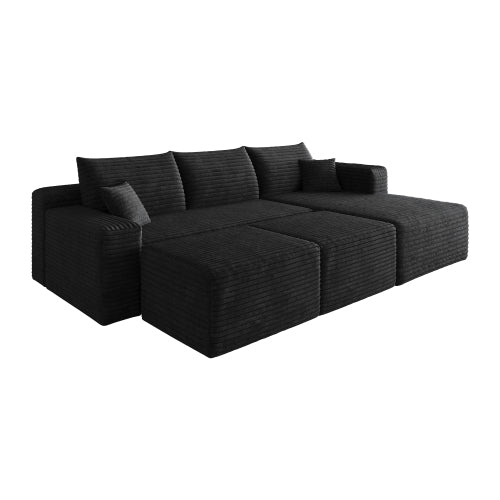95-Inch Black Plush Corduroy U-Shaped Cloud Sectional Sofa with 2 Ottomans, Deep-Seat Corner Couch No-Assembly for Living-Room