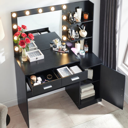 Black Vanity Desk with Mirror & Lights, 46.4IN Dressing Table, 2 Large Drawers & Vertical Organizer, 3 Lighting Modes