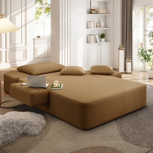 Camel Oversized Plush Corduroy Frameless Convertible Chaise Sofa Bed w/Storage Pockets & 3 Pillows