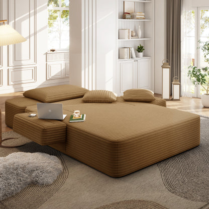 Camel Oversized Plush Corduroy Frameless Convertible Chaise Sofa Bed w/Storage Pockets & 3 Pillows