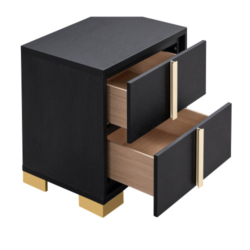 Black 2-Drawer Nightstand with Gold Accents, Modern Art Deco Bedside Table