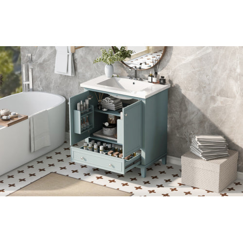 30" Bathroom Vanity with Sink Combo, Multi-functional Bathroom Cabinet with Doors and Drawer, Solid Frame and MDF Board, Green