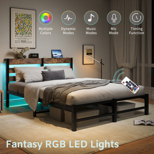 Queen Size  Metal Bed Frame with Wooden Headboard, RGB Lights,Charger, Storage Shelf, Noise-Free, No Box Spring Needed,Rustic Brown