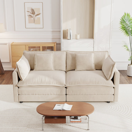 Light-Coffee Chenille Deep-Seat Loveseat Sofa with 4 Throw Pillows