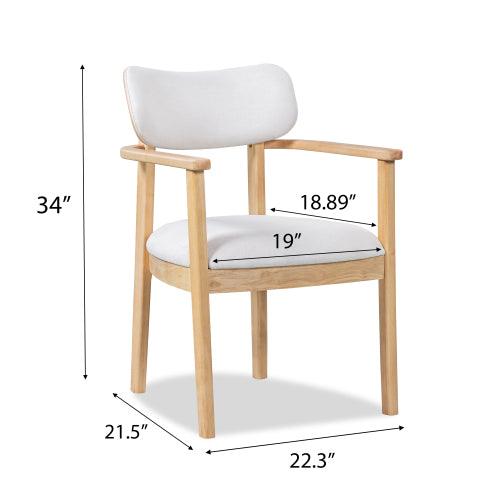 Upholstered Dining Chair Set of 2, Natural Rubberwood Frame, Beige Fabric