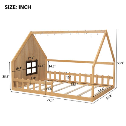 Full Size Wood House Bed with Window and Fence, Natural