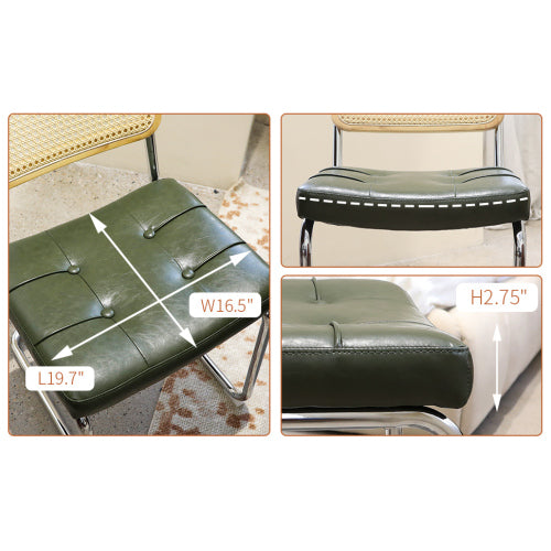 Set of 2 Dark Green Faux Leather Rattan Cantilever Dining Chairs, Chrome Tubular Steel Breuer Frame Stackable Side Chairs