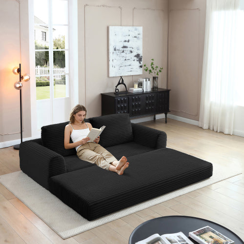 2-in-1 Folding Convertible Sofa Bed, Modern Corduroy Sleeper Couch with 2*pillows, Futon Modular Upholstered Boneless Sofa with Pull-Out Bed,Folding Floor Modular Couch for Living Room Black