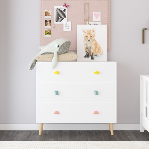 Kids 3 Drawer Dresser, Baby Nightstand Storage Cabinet, White Nursery Chest with Cartoon Pulls for Toddler Bedroom