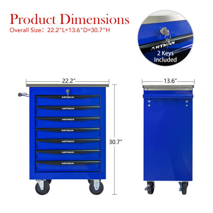 7 Drawers Multifunctional Tool Cart with Wheels Metal Rolling Tool Cart Storage with Stainless Steel Roof Black Blue