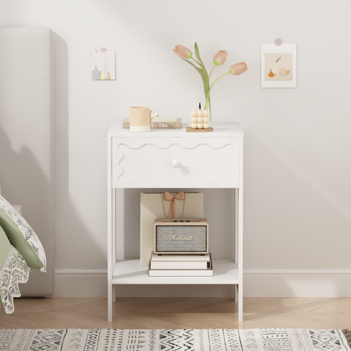 White Nightstand with Drawer and Open Shelf, Modern Wave Pattern Bedside Table, Solid Wood Frame End Table for Bedroom, Living Room, Small Spaces