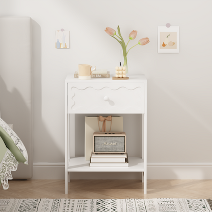 White Nightstand with Drawer and Open Shelf, Modern Wave Pattern Bedside Table, Solid Wood Frame End Table for Bedroom, Living Room, Small Spaces