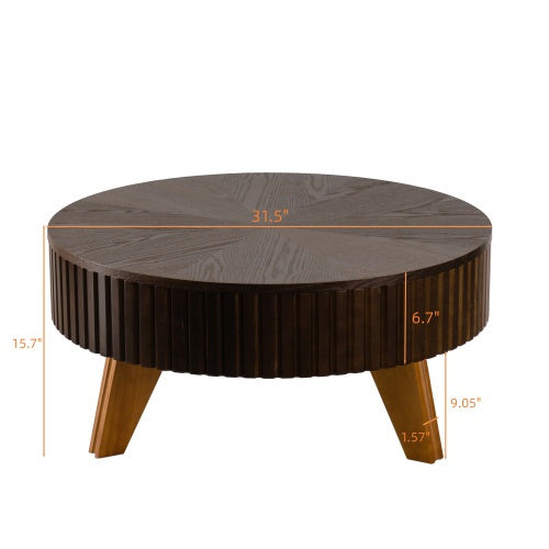 31.5inch  Retro Round Coffee Table Storage MDF Solid Wood Legs Living Room Accent Brown