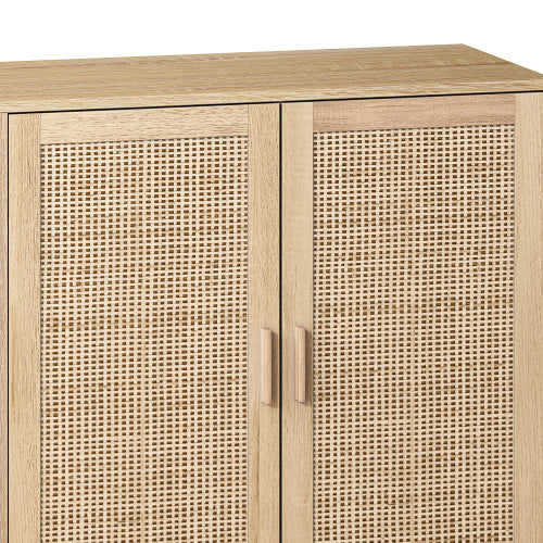 62.2 Inch Natural Rattan Four-Door Storage Cabinet Particle Board Solid Wood Leg Adjustable Shelf Household Sideboard Cabinet