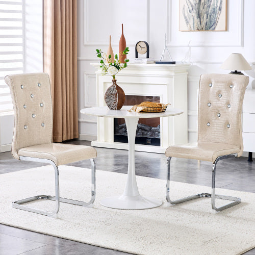 Set of 2 Retro Alligator Skin PVC Dining Chairs, Crystal Buckle Chairs with Electroplated Metal Bow Legs