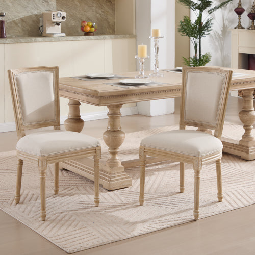 Set of 2 Beige French Country Dining Chairs, Solid Wood Chairs with Carving & Brushed Finish