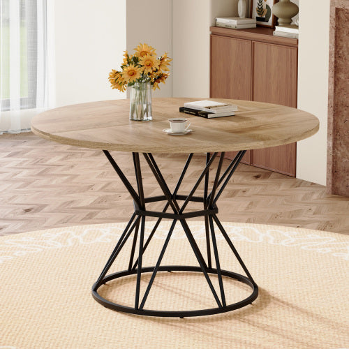 47.3 Inch Light Wood Grain Round Dining Table with Hourglass Metal Bracket for 4-6 People