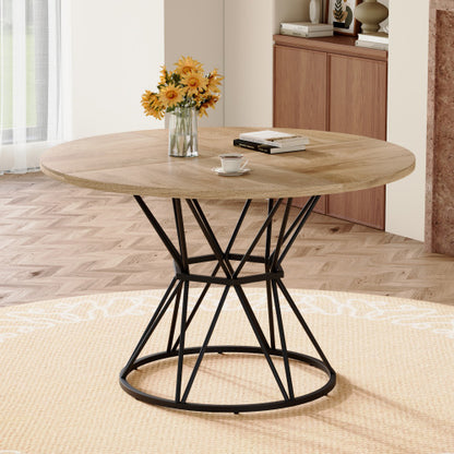 47.3 Inch Light Wood Grain Round Dining Table with Hourglass Metal Bracket for 4-6 People