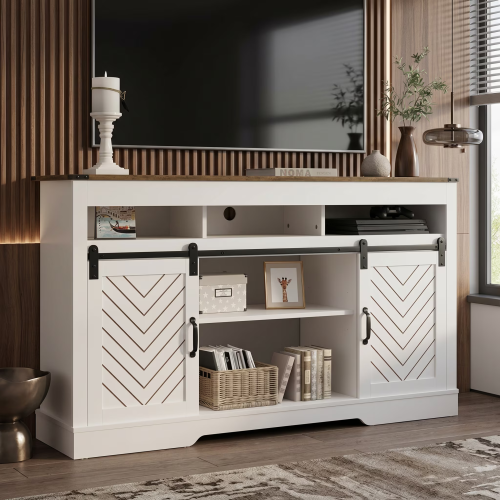 Farmhouse 58 inch TV Stand with Sliding Barn Doors and Storage Cabinet