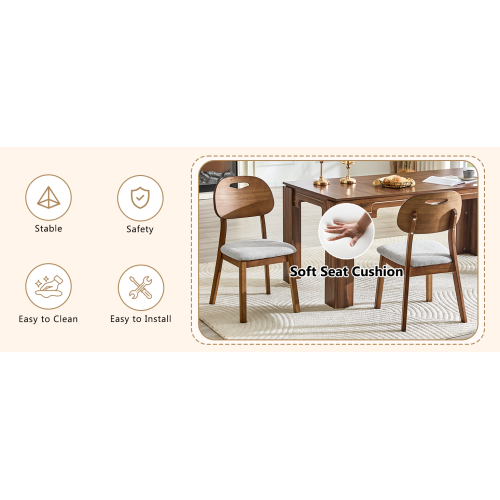 Set of 2 Walnut Solid Wood Dining Chairs, Hollow Back Chairs with Gray Fabric Cushion