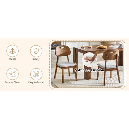 Set of 2 Walnut Solid Wood Dining Chairs, Hollow Back Chairs with Gray Fabric Cushion