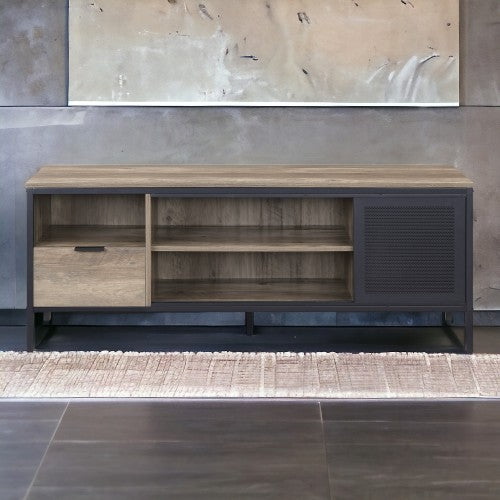 Rustic Oak & Black 55 Inch TV Stand with 1 Drawer & 4 Compartments for 50 Inch TV