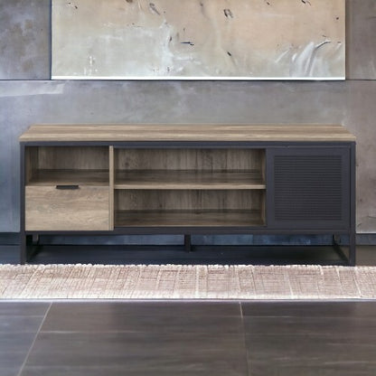 Rustic Oak & Black 55 Inch TV Stand with 1 Drawer & 4 Compartments for 50 Inch TV