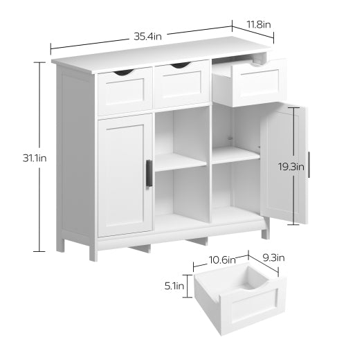 White Multi-Functional Wooden Storage Cabinet With 3 Drawers 2 Doors Adjustable Shelves Home Accent Cabinet