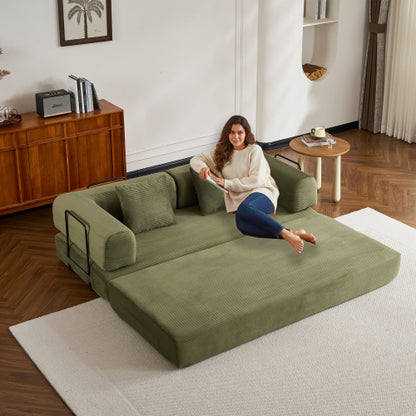 Green Corduroy Convertible Sleeper Sofa Bed with Cylindrical Pillow