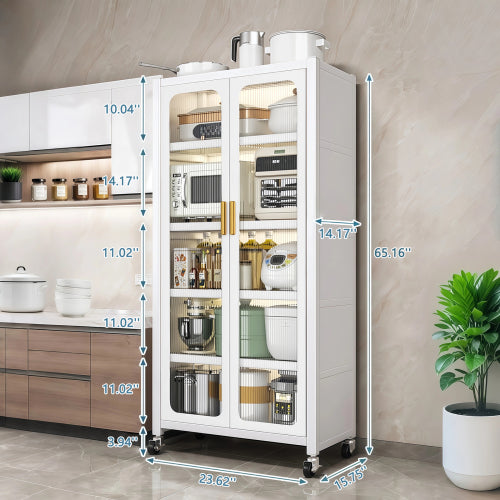 65" Kitchen Pantry Storage Cabinet, 6 Tier Metal Display Storage Cabinet with Transparent Door, Adjustable Shelves & Wheels, Food Pantries Cabinets, for Kitchen, Living Room and Dining Room, White