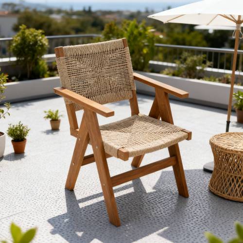 Lounge chair teak color, suitable for all seasons: Outdoor lounge chair, made of sturdy HIPS material, equipped with 304 stainless steel accessories.