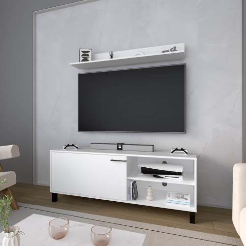 Compact White Minimalist 20 Inch Small TV Stand with Pneumatic Lift Door