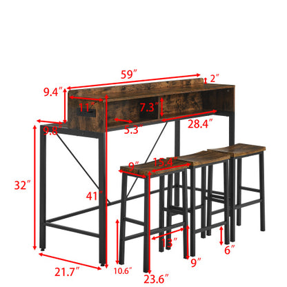 4-Piece 59inch  Bar Table Set with LED Light & Outlet, MDF Table & 3 Saddle Stools for Living Room