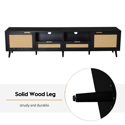 78.74 Inch Farmhouse Rattan TV Stand Solid Wood Leg Media Console Supports 85 Inch TV