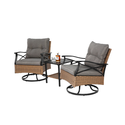 Outdoor Swivel Rocker Chairs Set 3 Piece with 1 Table and 2 Rocking & Swivel Chairs Support 350lbs Brown Wicker Outdoor Furniture Patio Conversation Set