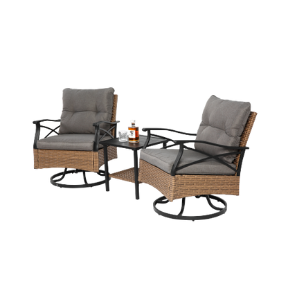Outdoor Swivel Rocker Chairs Set 3 Piece with 1 Table and 2 Rocking & Swivel Chairs Support 350lbs Brown Wicker Outdoor Furniture Patio Conversation Set