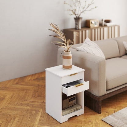 Nighstand With 2 Drawers,End Table,Nightstand with Open Space,Golden Handle,Morden Design,For Living Room,Bedroom,Easy Assemble,White