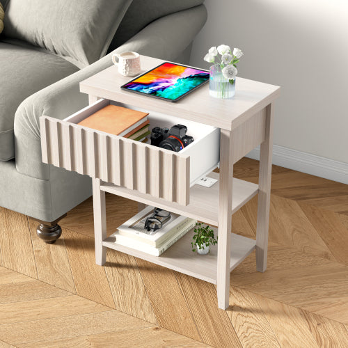 Beige Fluted Nightstand with Charging Station