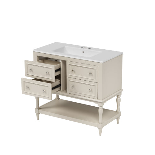 36" Bathroom Vanity Cabinet with Sink Combo Set, Undermount Ceramic Sink, Free Standing Vanity Set with 4 Drawers, Solid Wood Frame Bathroom Cabinet, Beige